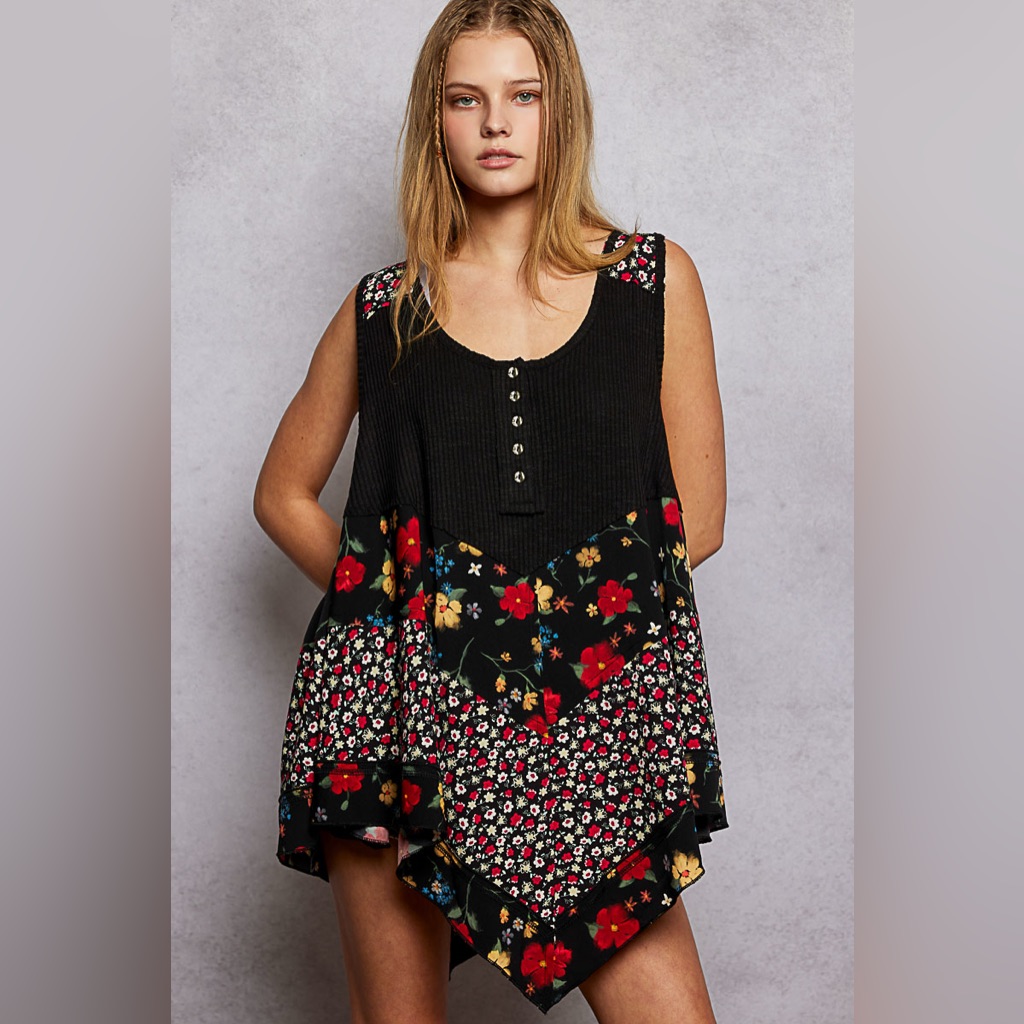 Pol Round Neck Ribbed Tank With Woven Print Patch